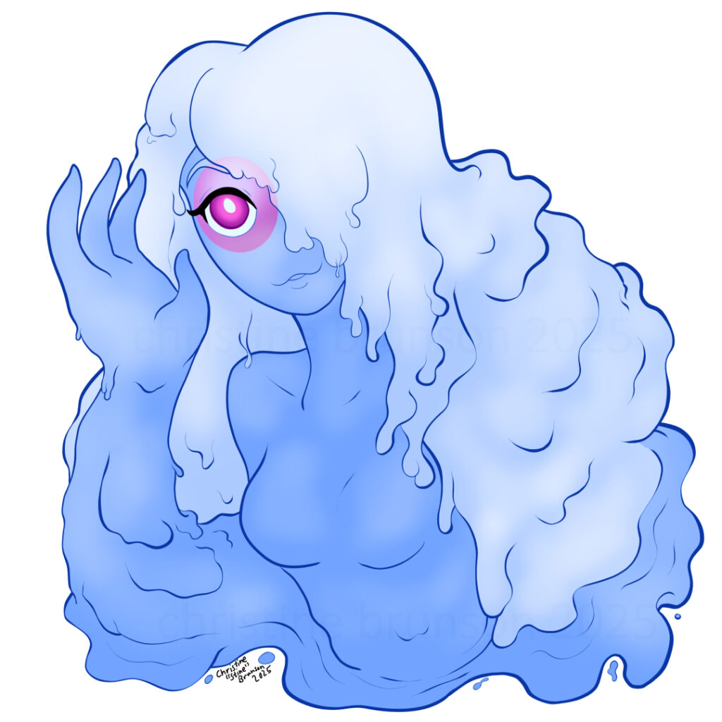 A digital illustration of a blue gooey alien named Cytoplasm. Drawn by Christine Brunson 