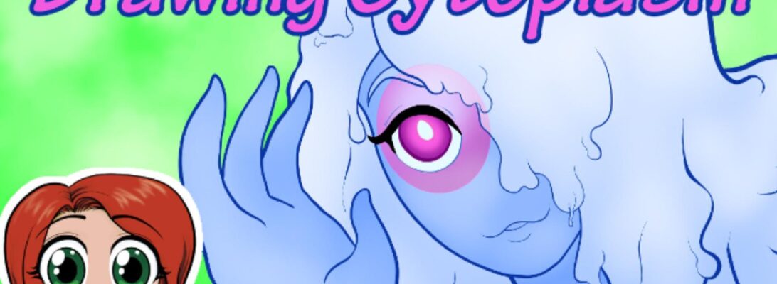 A promo image for a speed drawing video featuring the goey character Cytoplasm with a chibi Christine smiling. Text reads: "Drawing Cytoplasm"