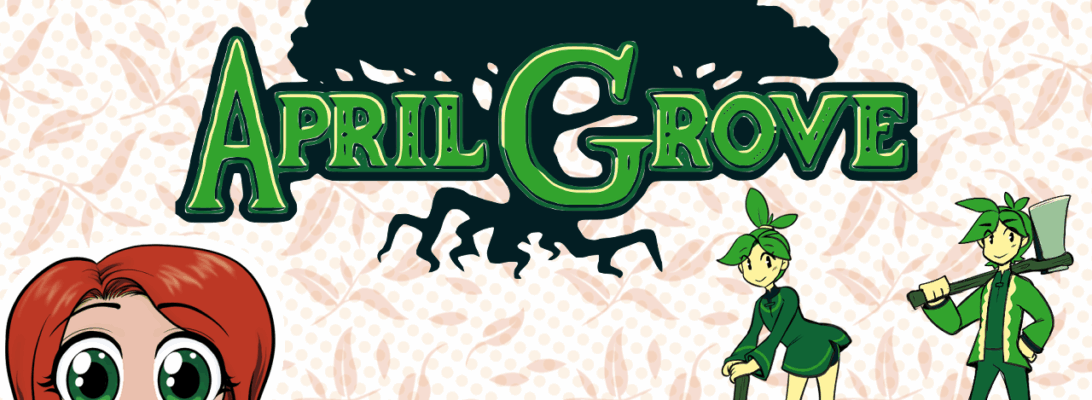 promotional image showing the logo and characters from video game "April Grove" with a chibi-style vtuber avatar of StineBrunson smiling.
