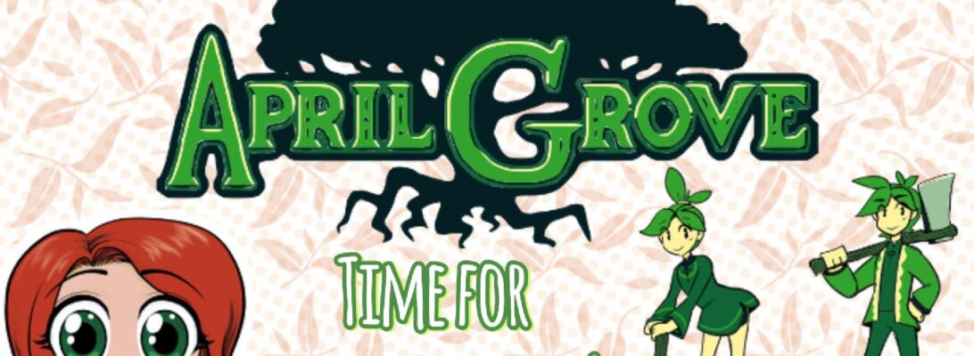 promotional image showing the logo and characters from video game "April Grove" with a chibi-style vtuber avatar of StineBrunson smiling.