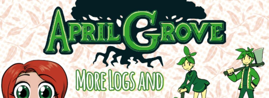 A promo image for the game April Grove with the logo and two of the characters from the game with Christine's avatar