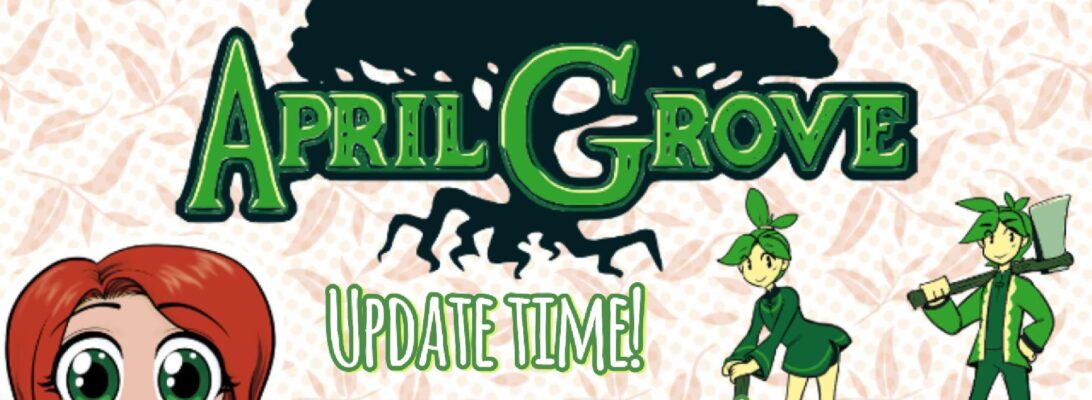 A promo image for the game April Grove with the logo and two of the characters from the game with Christine's avatar