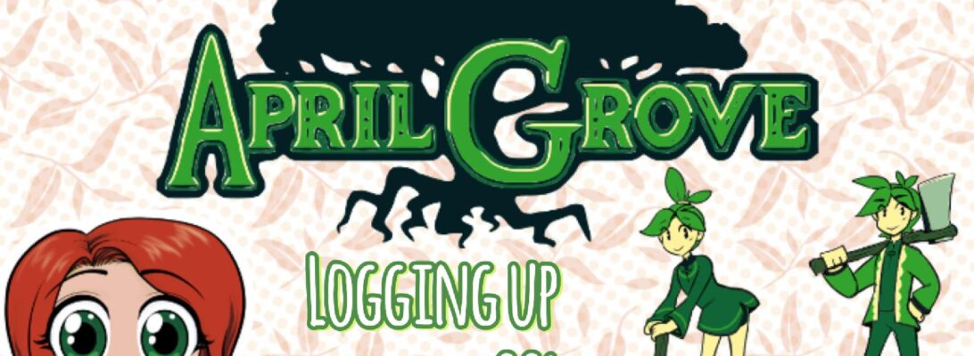 A promo image for the game April Grove with the logo and two of the characters from the game with Christine's avatar