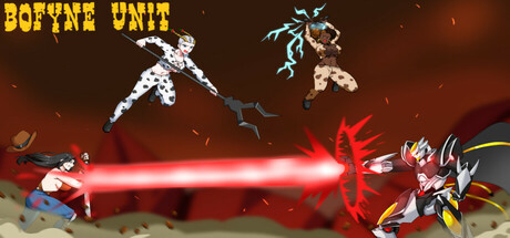 Promo image for the Bofyne Unit game featuring the main trio of ladies fighting the cosbattler Omega.