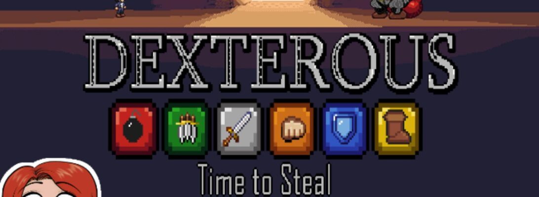 The promo image for the game Dexterous: Time to Steal featuring a scene from the game and the logo.
