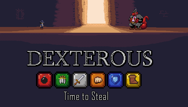 The promo image for the game Dexterous: Time to Steal featuring a scene from the game and the logo.