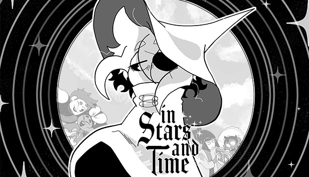 The game box art for In Stars and Time featuring Siffrin standing in front of some circles and stars with their party behind them in the background.
