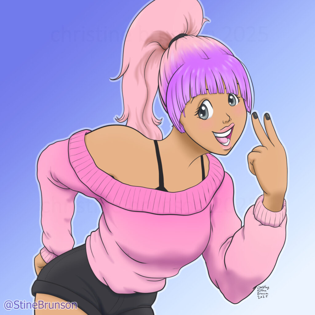 A digital illustration of Penelope leaning forward and pointing two fingers to her face. Drawn by Christine Brunson. Text reads: "@StineBrunson"