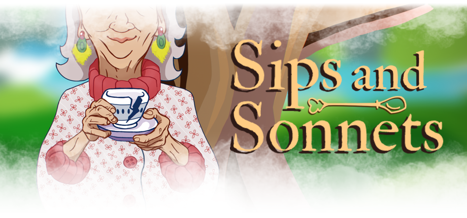 A game promo image featuring Ms Meadows smiling and holding a chipped teacup on the left and the logo for Sips and Sonnets on the right.