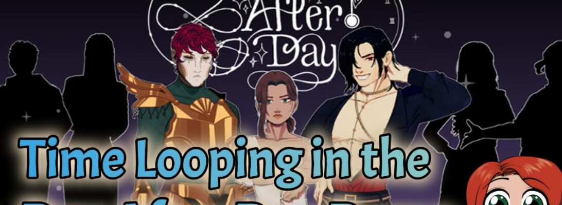 The promo image for the game Day After Day featuring three characters from the game and the logo. Text reads: "Time Looping in Day After Day Demo"