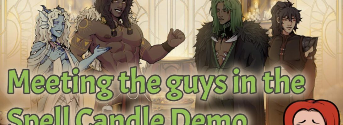 A promo image featuring the logo and some character art for Spell Candle. Text reads "Meeting the guys in the Spell Candle Demo" A tiny chibi art of Stine is in the bottom right.