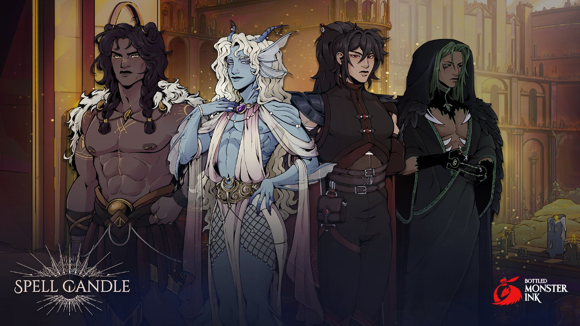 A screenshot from the game featuring all four of the main love interests in the game Spell Candle. The gorgeous men are standing in front of a city courtyard. The logo for the game is in the bottom left corner and the logo for Bottled Monster Ink is in the bottom right corner.