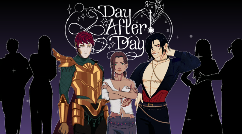 A promo image for the game Day After Day featuring the main character and her two love interests in front of the logo and some dark silhouettes.