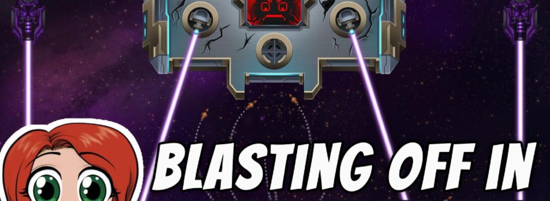 A video promo image of a space battle scene in Retaliate with a chibi Stine smiling on the left side. Text reads, "Blasting Off in Retaliate"