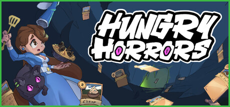 The Steam page promo art for the game featuring the princess and cat with the logo for Hungry Horrors.