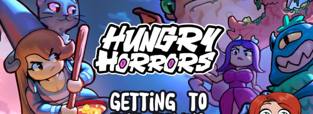 A promo image featuring the logo and some character art from Hungry Horrors and a smiling chibi of Christine. Text reads "Getting to the Town!"